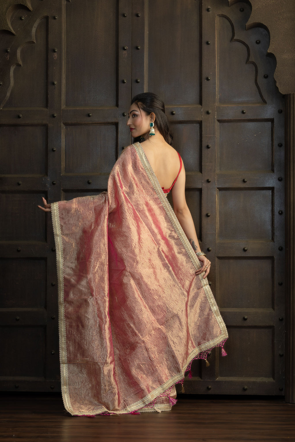 Elegant Tissue Crush Saree | Elegant tissue crush Banarasi saree with soft sheen and lace border.