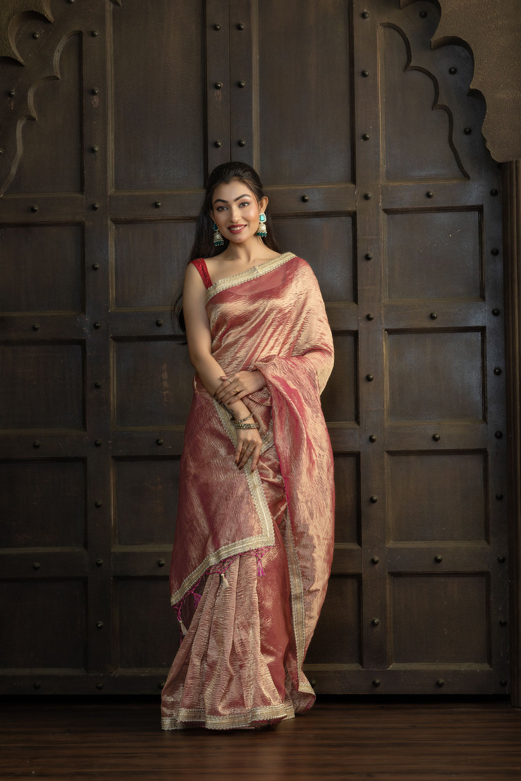 Elegant Tissue Crush Saree | Elegant tissue crush Banarasi saree with soft sheen and lace border.