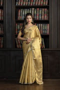 Bright Gold Kanjivaram Tissue Lace Saree | Luminous bright gold Kanjivaram tissue silk Banarasi saree with refined lace detailing