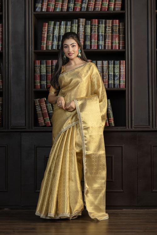 Bright Gold Kanjivaram Tissue Lace Saree | Luminous bright gold Kanjivaram tissue silk Banarasi saree with refined lace detailing