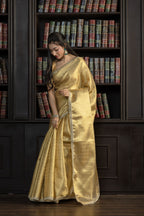 Bright Gold Kanjivaram Tissue Lace Saree | Luminous bright gold Kanjivaram tissue silk Banarasi saree with refined lace detailing