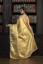 Bright Gold Kanjivaram Tissue Lace Saree | Luminous bright gold Kanjivaram tissue silk Banarasi saree with refined lace detailing