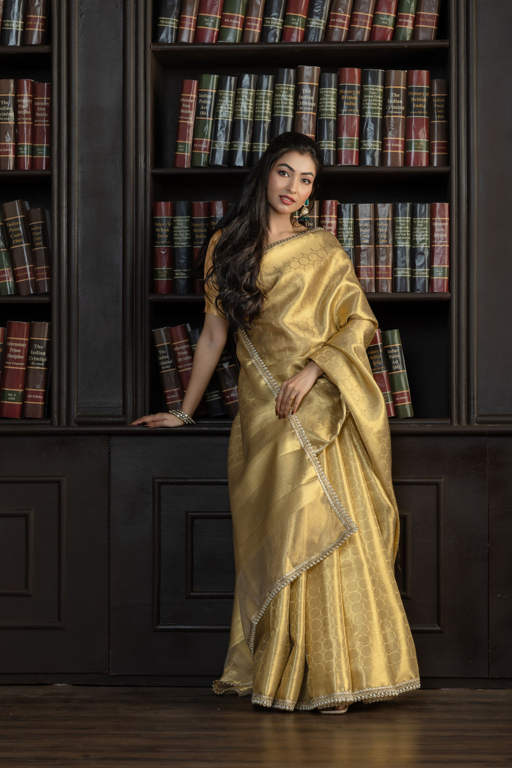 Bright Gold Kanjivaram Tissue Lace Saree | Luminous bright gold Kanjivaram tissue silk Banarasi saree with refined lace detailing