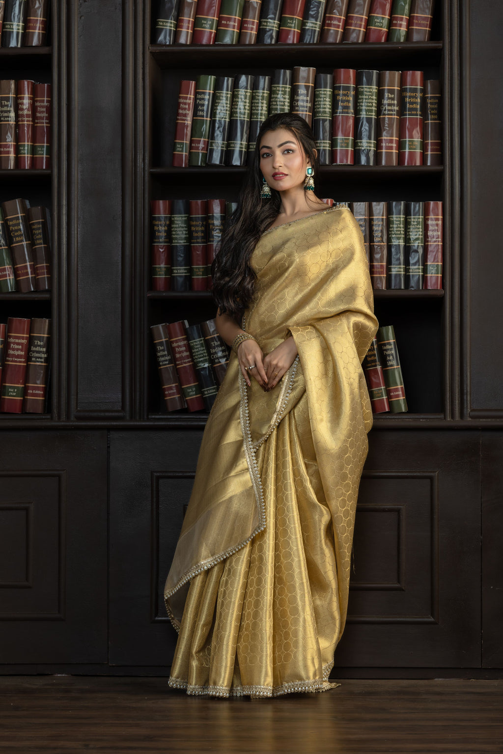 Bright Gold Kanjivaram Tissue Lace Saree | Luminous bright gold Kanjivaram tissue silk Banarasi saree with refined lace detailing