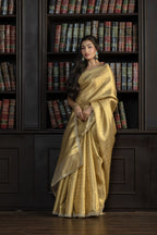 Bright Gold Kanjivaram Tissue Lace Saree | Luminous bright gold Kanjivaram tissue silk Banarasi saree with refined lace detailing