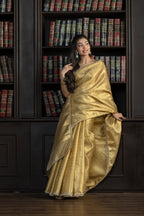 Bright Gold Kanjivaram Tissue Lace Saree | Luminous bright gold Kanjivaram tissue silk Banarasi saree with refined lace detailing