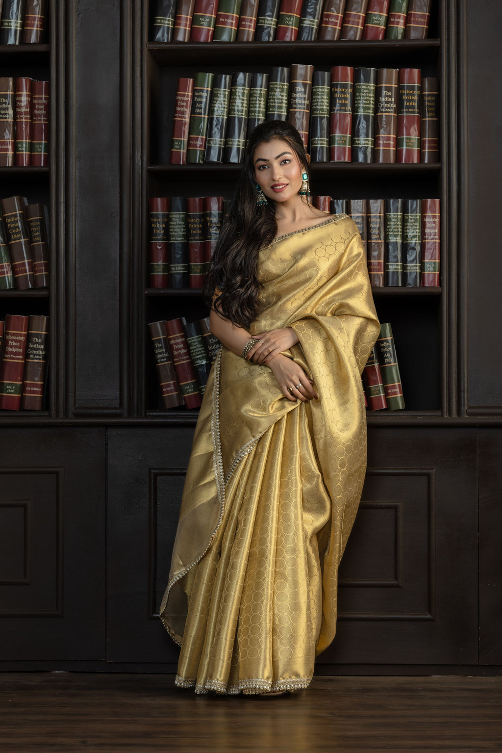 Bright Gold Kanjivaram Tissue Lace Saree | Luminous bright gold Kanjivaram tissue silk Banarasi saree with refined lace detailing