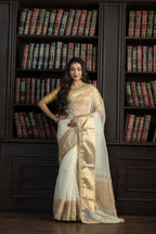 Ivory Kora Organza Lace Banarasi Saree | Elegant ivory kora organza Banarasi saree with designer lace detailing and airy drape