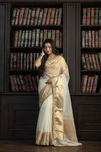 Ivory Kora Organza Lace Banarasi Saree | Elegant ivory kora organza Banarasi saree with designer lace detailing and airy drape