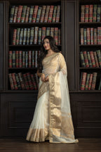 Ivory Kora Organza Lace Banarasi Saree | Elegant ivory kora organza Banarasi saree with designer lace detailing and airy drape