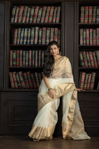 Ivory Kora Organza Lace Banarasi Saree | Elegant ivory kora organza Banarasi saree with designer lace detailing and airy drape