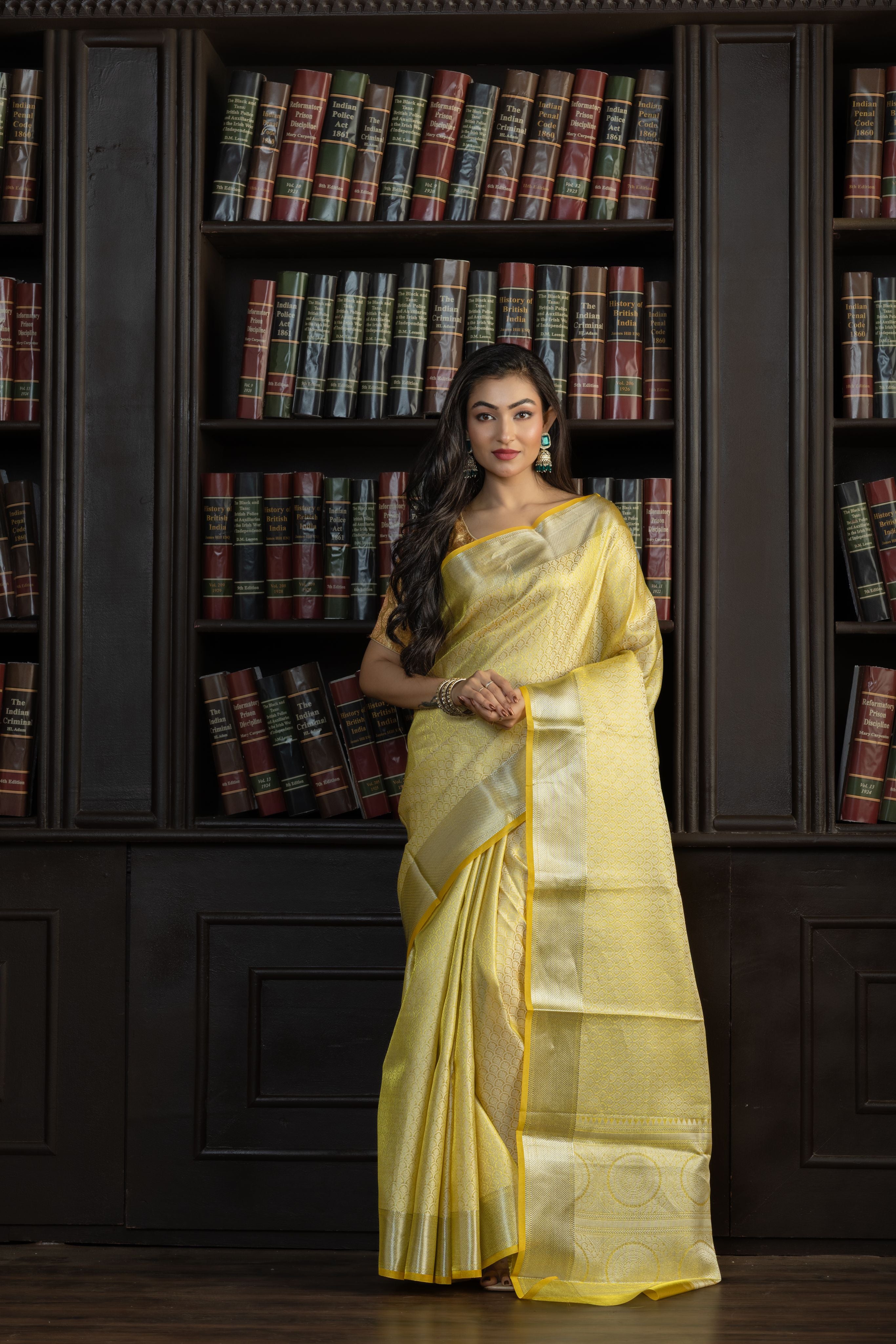 Metallic Yellow Kanjivaram Embossed Tissue Saree
