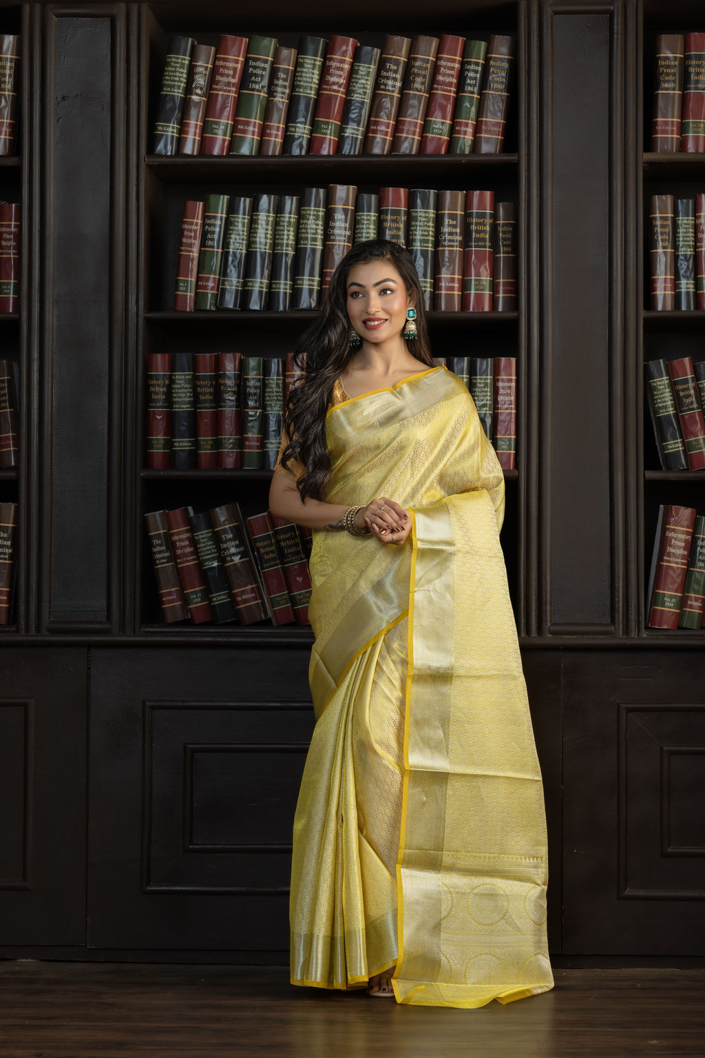 Metallic Yellow Kanjivaram Embossed Tissue Saree