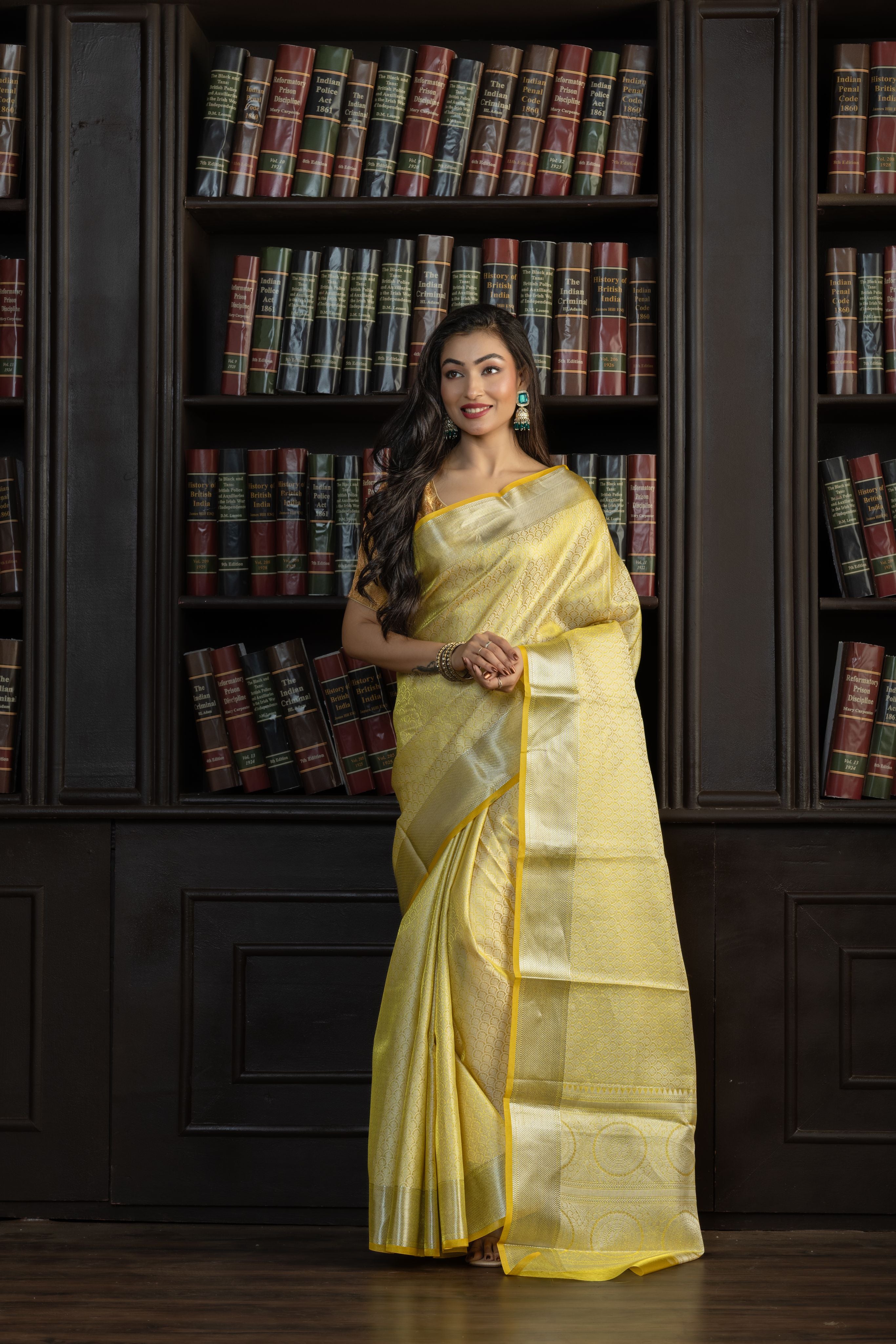 Metallic Yellow Kanjivaram Embossed Tissue Saree