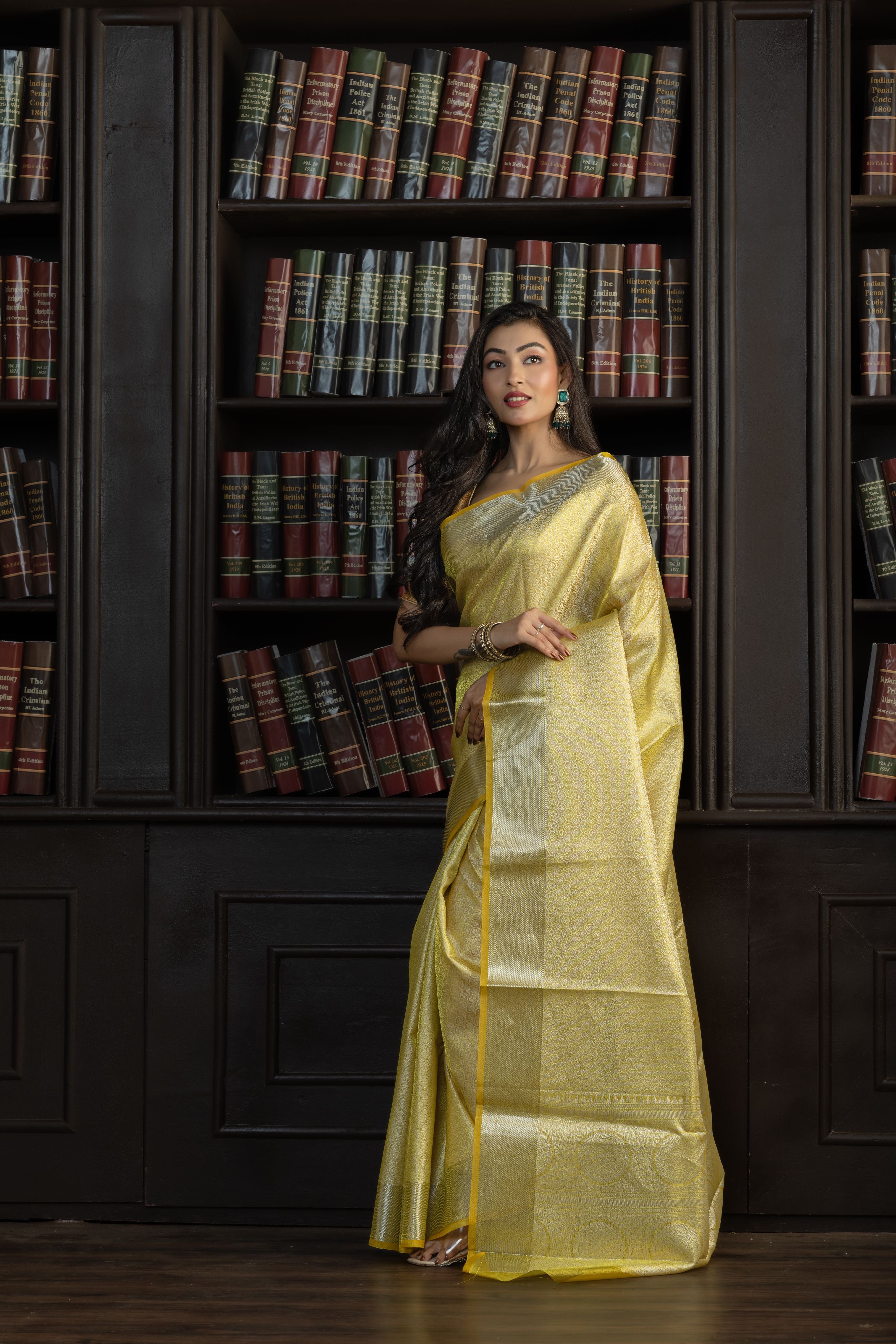 Metallic Yellow Kanjivaram Embossed Tissue Saree