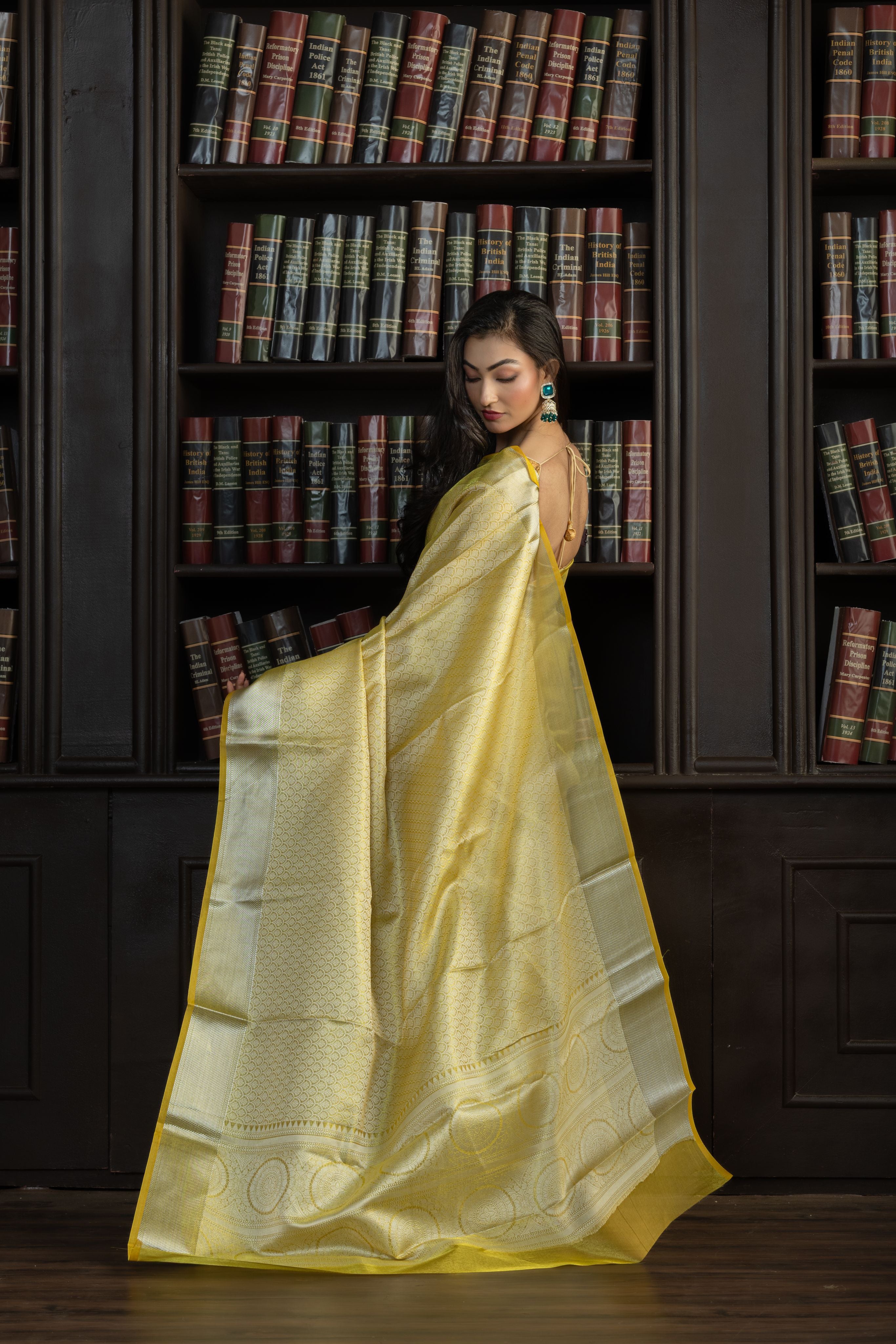 Metallic Yellow Kanjivaram Embossed Tissue Saree