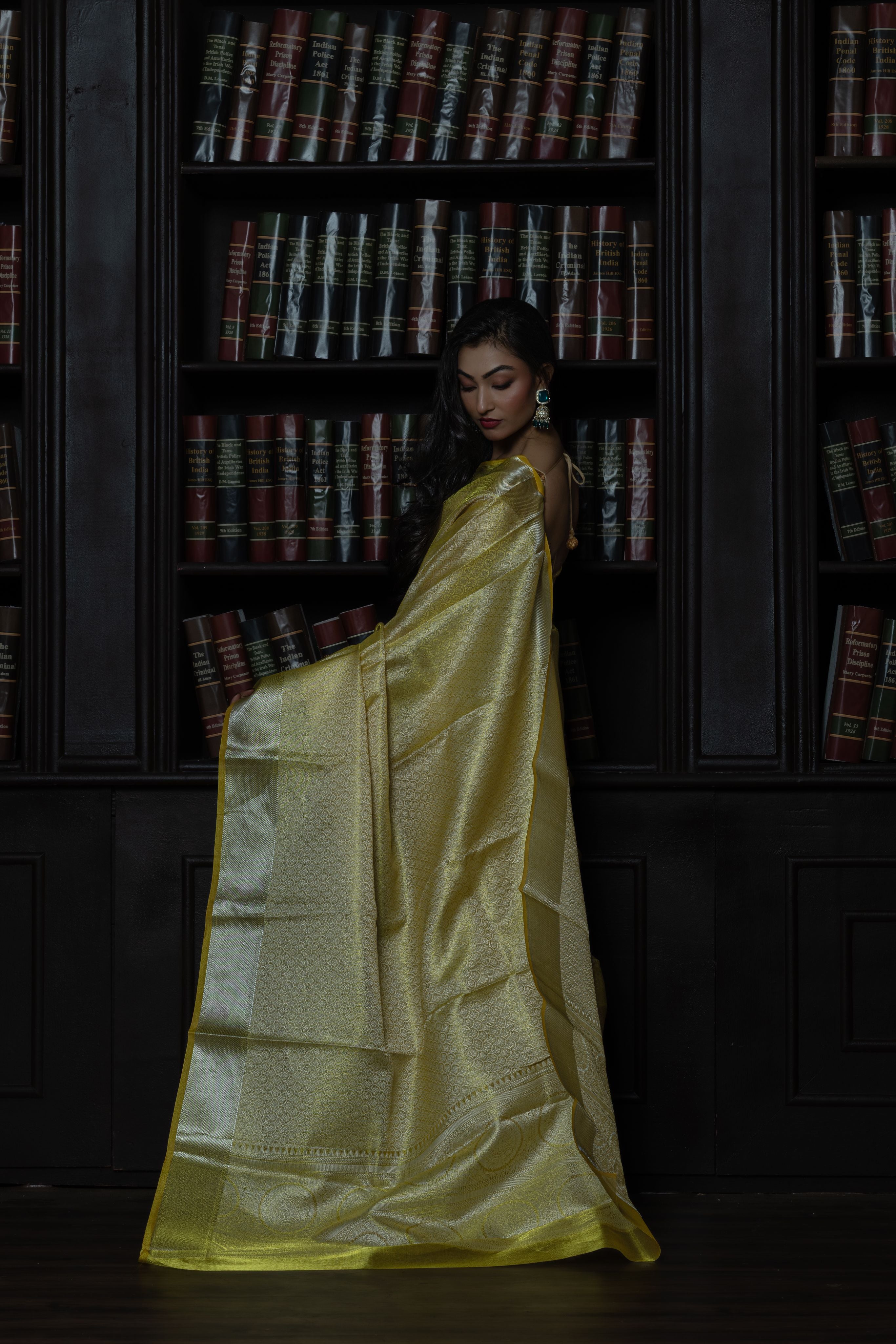 Metallic Yellow Kanjivaram Embossed Tissue Saree