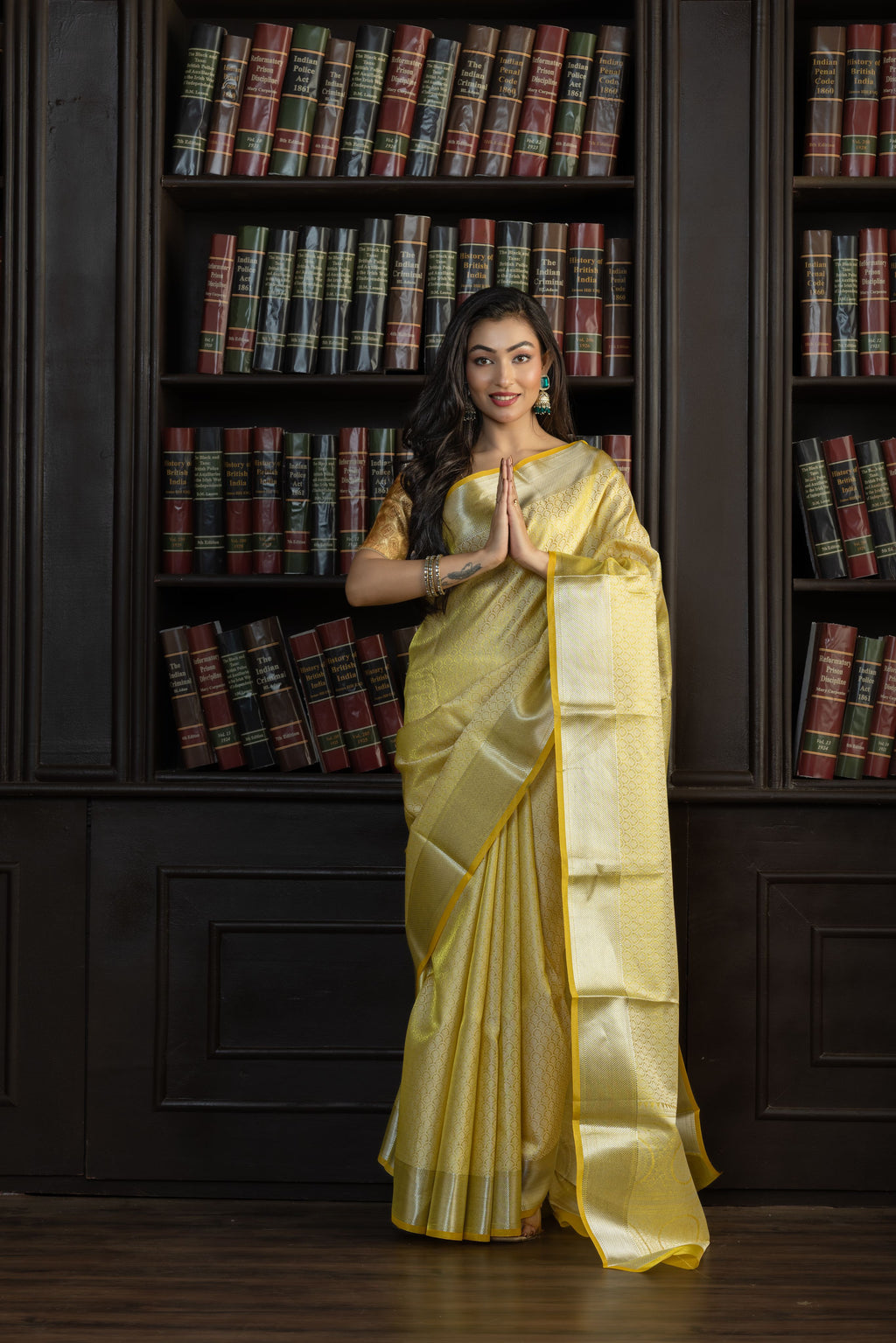 Metallic Yellow Kanjivaram Embossed Tissue Saree