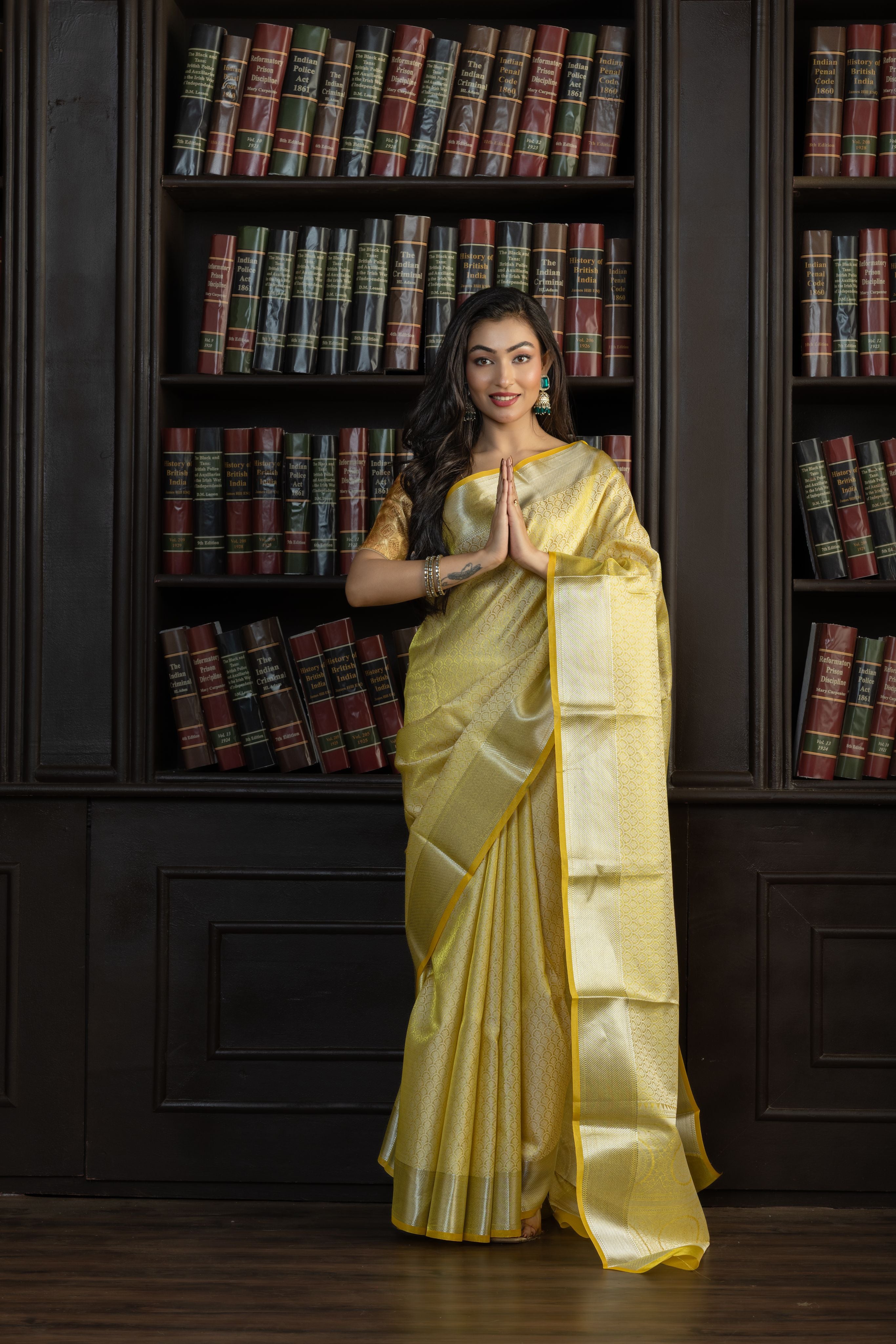 Metallic Yellow Kanjivaram Embossed Tissue Saree