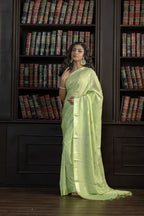 Mint Green Viscose Georgette Banarasi Saree | Mint green viscose georgette Banarasi saree with graceful buta patterns and airy feel.