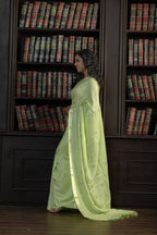 Mint Green Viscose Georgette Banarasi Saree | Mint green viscose georgette Banarasi saree with graceful buta patterns and airy feel.