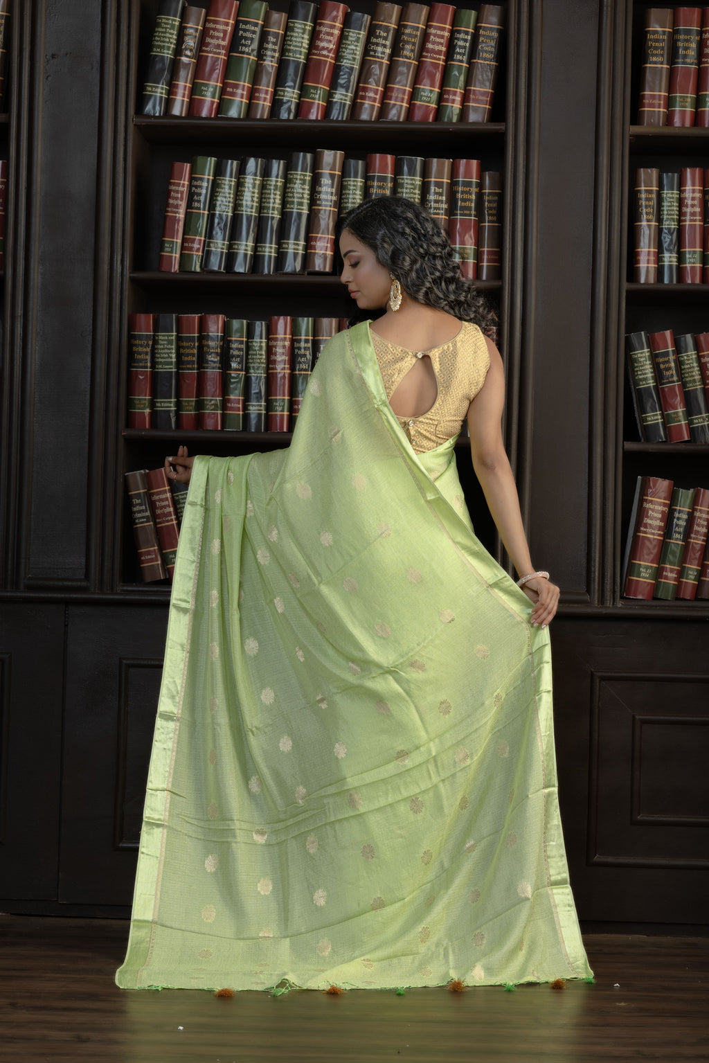 Mint Green Viscose Georgette Banarasi Saree | Mint green viscose georgette Banarasi saree with graceful buta patterns and airy feel.