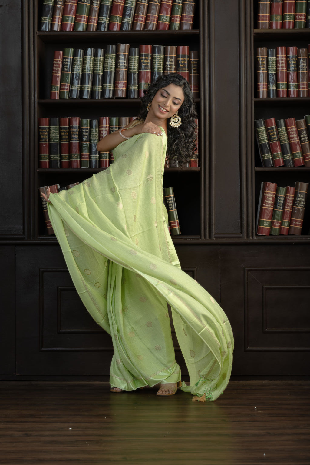 Mint Green Viscose Georgette Banarasi Saree | Mint green viscose georgette Banarasi saree with graceful buta patterns and airy feel.