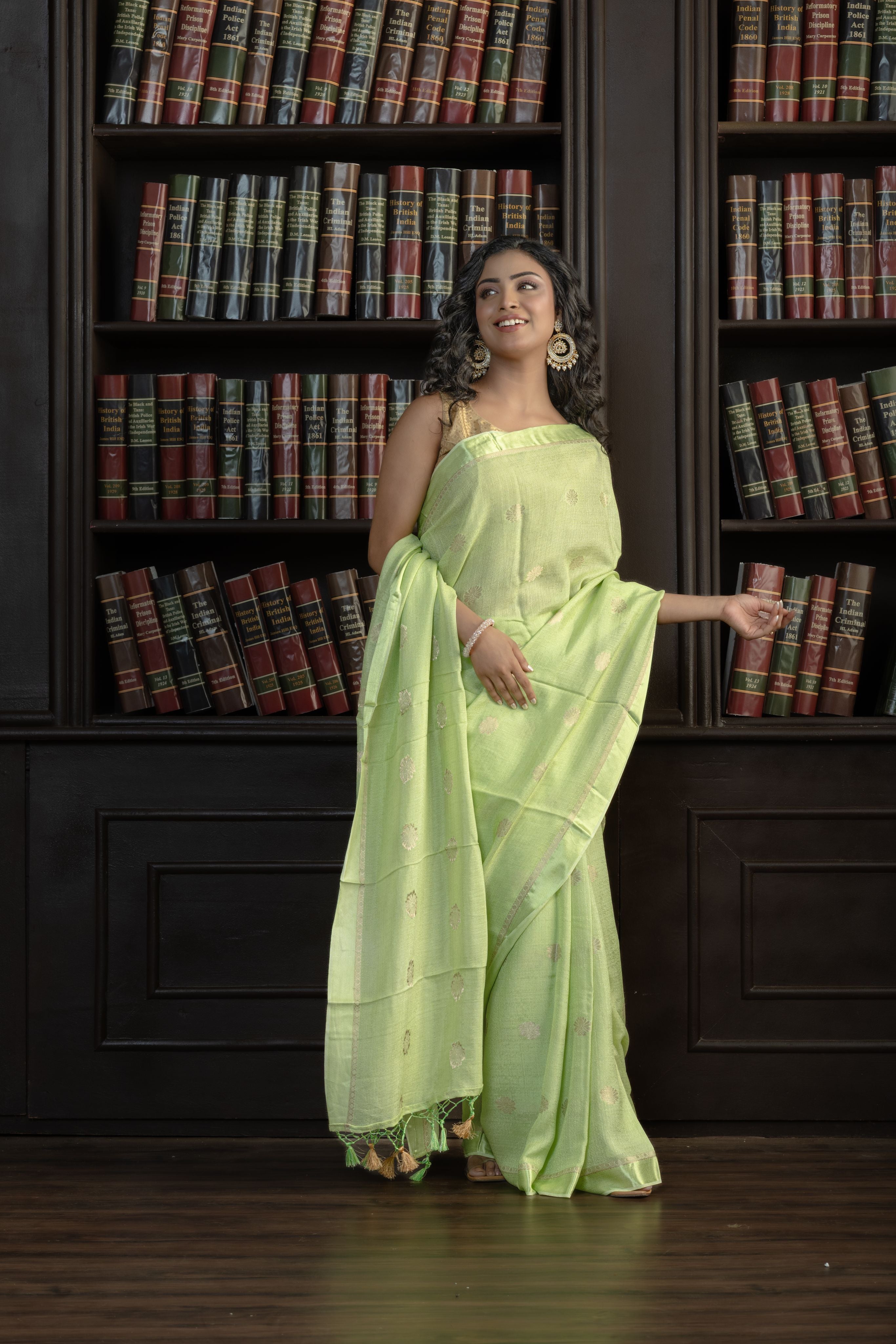 Mint Green Viscose Georgette Banarasi Saree | Mint green viscose georgette Banarasi saree with graceful buta patterns and airy feel.