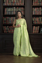 Mint Green Viscose Georgette Banarasi Saree | Mint green viscose georgette Banarasi saree with graceful buta patterns and airy feel.