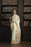 Ivory Organza Silk Chikankari Banarasi Saree | Graceful ivory organza silk Banarasi saree with traditional Chikankari embroidery