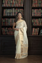 Ivory Organza Silk Chikankari Banarasi Saree | Graceful ivory organza silk Banarasi saree with traditional Chikankari embroidery