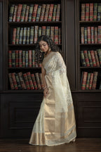 Ivory Organza Silk Chikankari Banarasi Saree | Graceful ivory organza silk Banarasi saree with traditional Chikankari embroidery