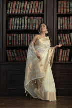 Ivory Organza Silk Chikankari Banarasi Saree | Graceful ivory organza silk Banarasi saree with traditional Chikankari embroidery