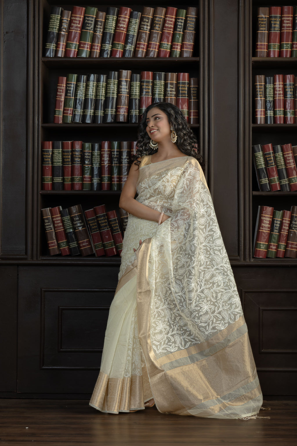 Ivory Organza Silk Chikankari Banarasi Saree | Graceful ivory organza silk Banarasi saree with traditional Chikankari embroidery