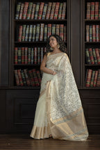 Ivory Organza Silk Chikankari Banarasi Saree | Graceful ivory organza silk Banarasi saree with traditional Chikankari embroidery