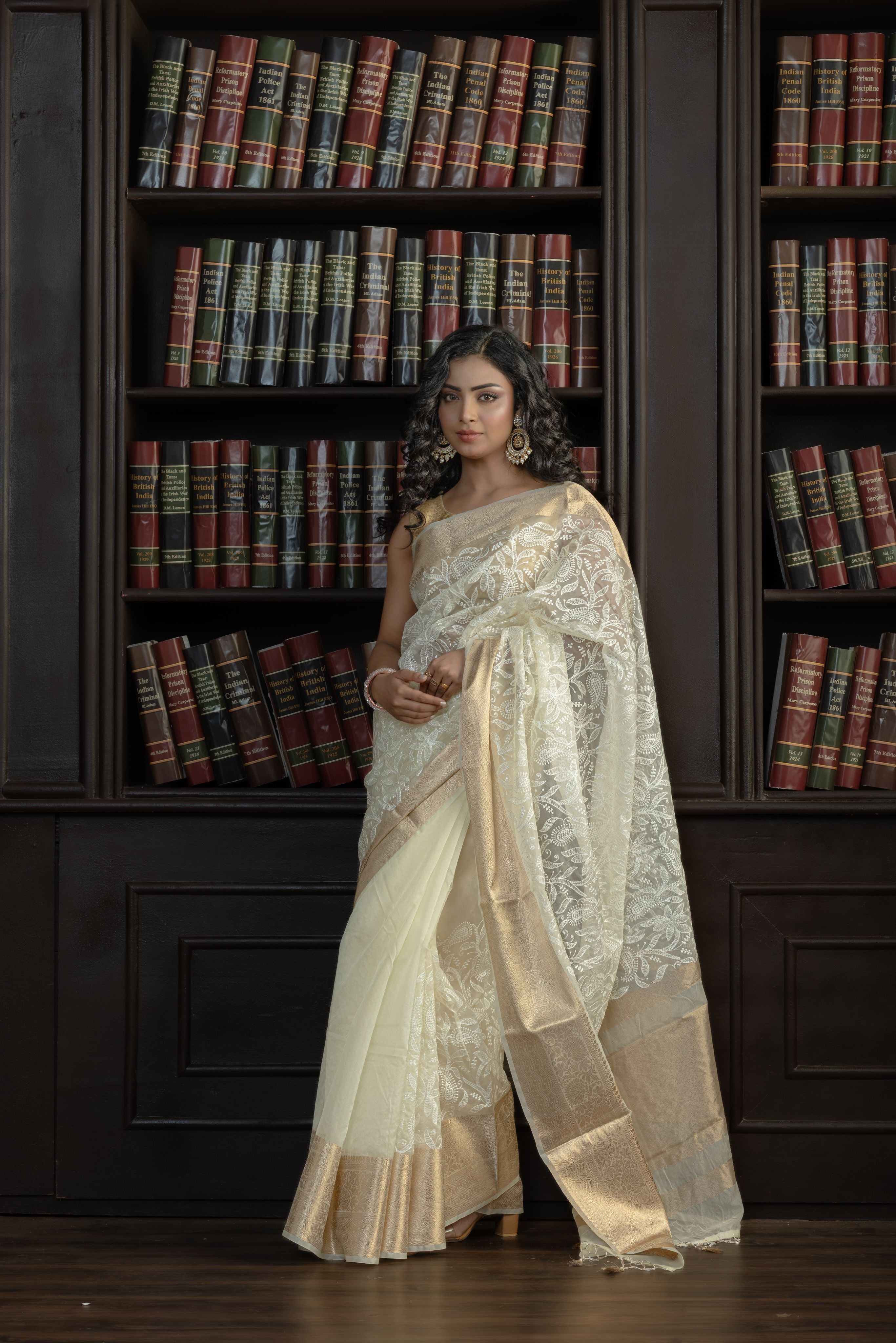 Ivory Organza Silk Chikankari Banarasi Saree | Graceful ivory organza silk Banarasi saree with traditional Chikankari embroidery