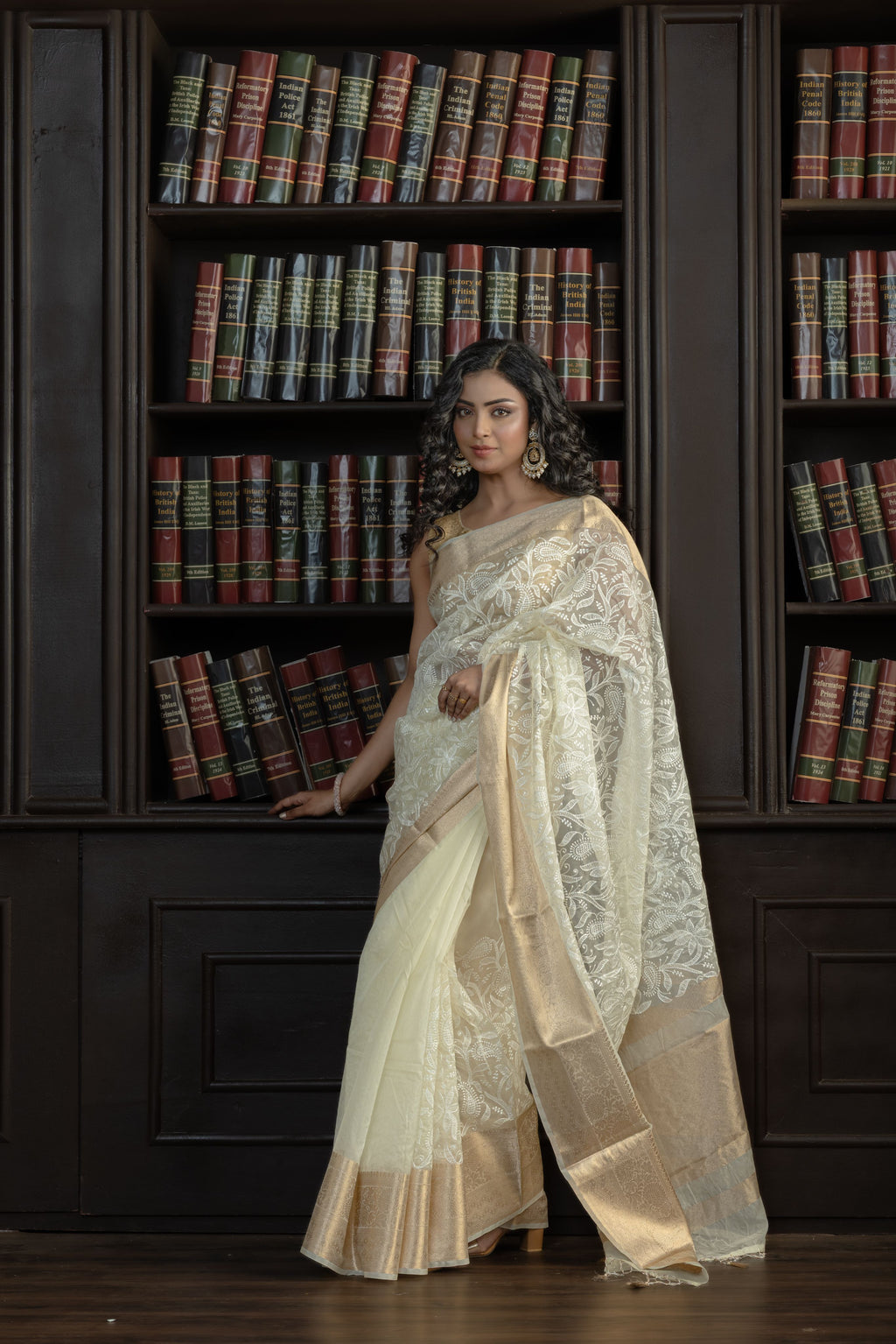 Ivory Organza Silk Chikankari Banarasi Saree | Graceful ivory organza silk Banarasi saree with traditional Chikankari embroidery