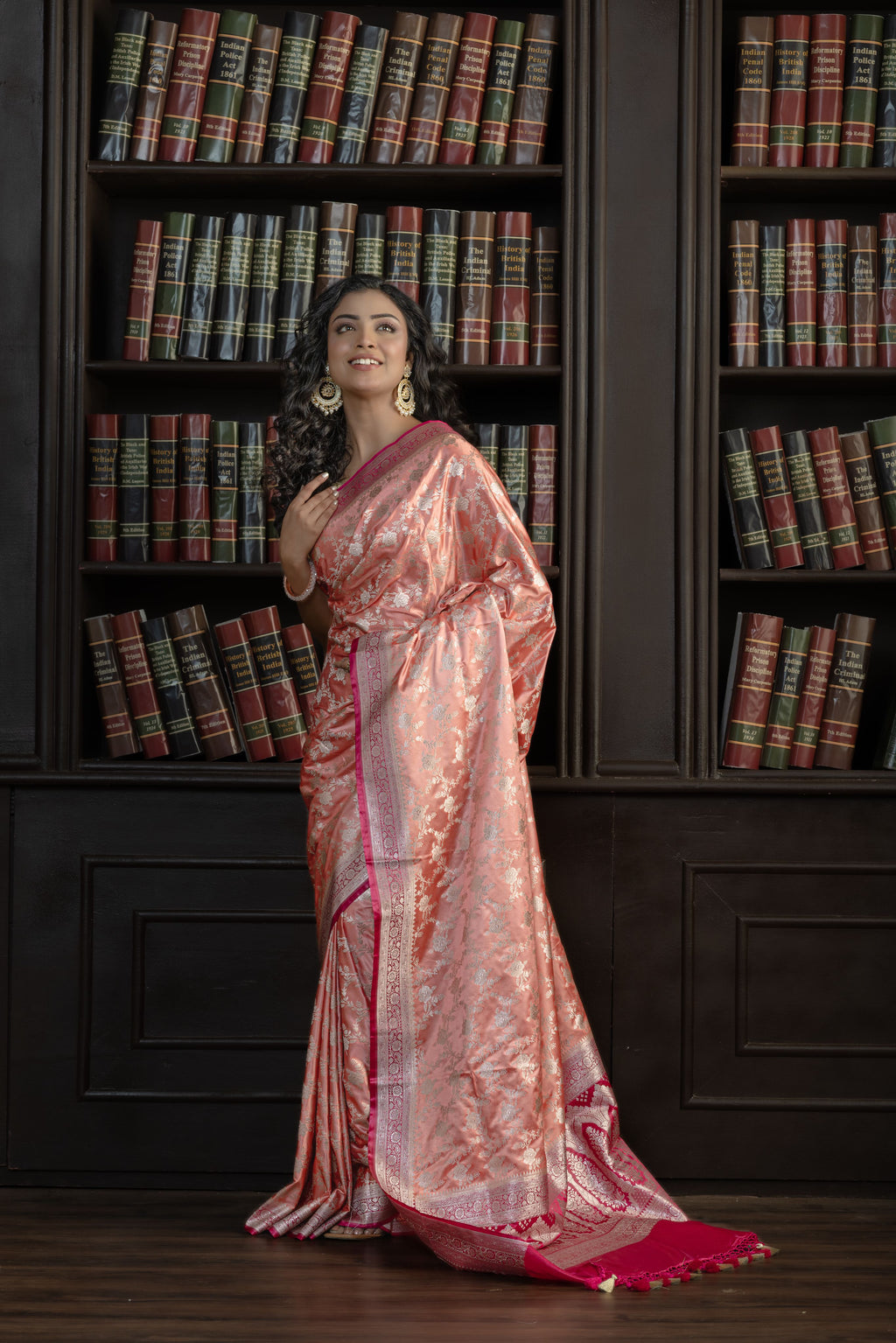 Dark Peach Mashru Katan Silk Leheriya Saree