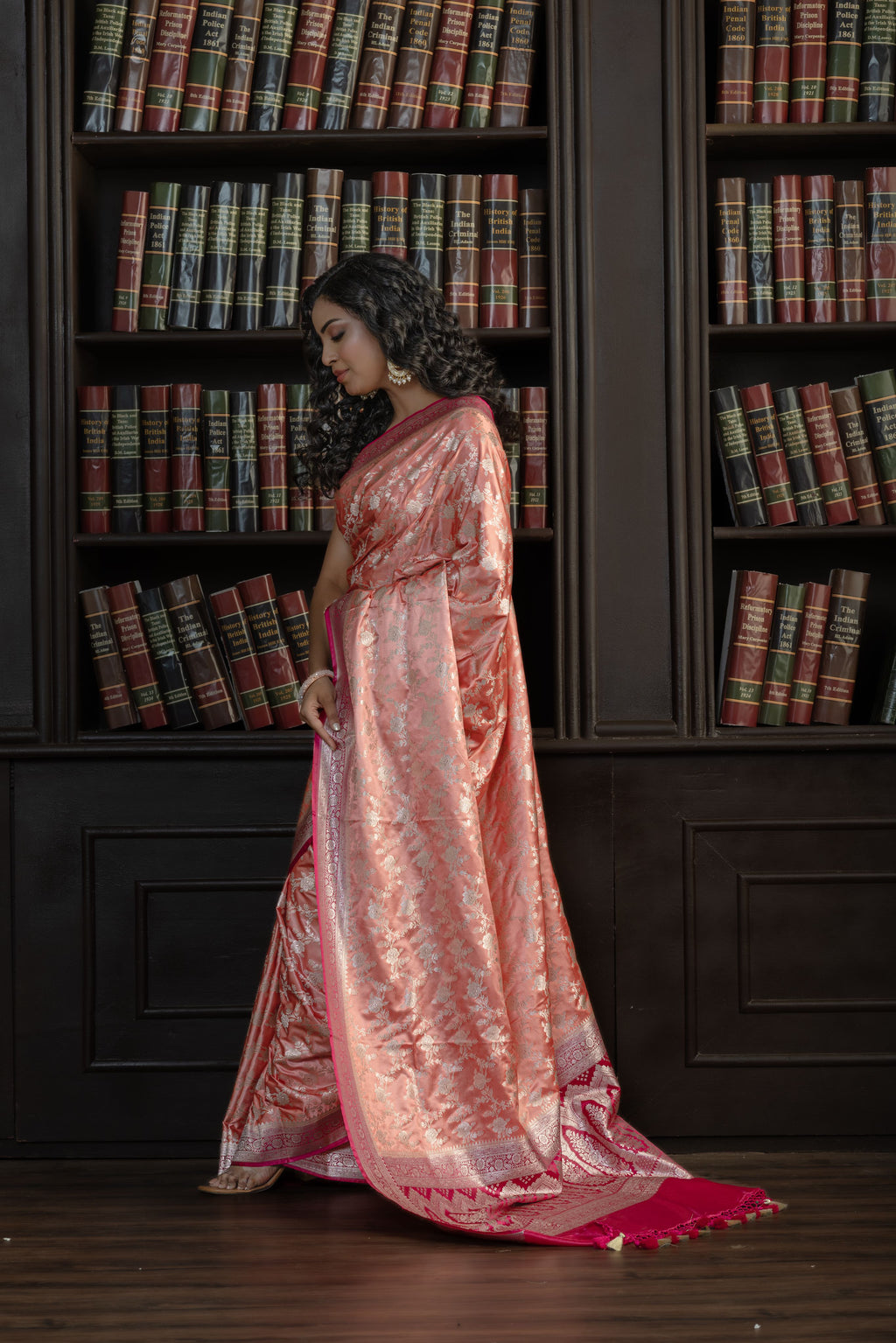 Dark Peach Mashru Katan Silk Leheriya Saree