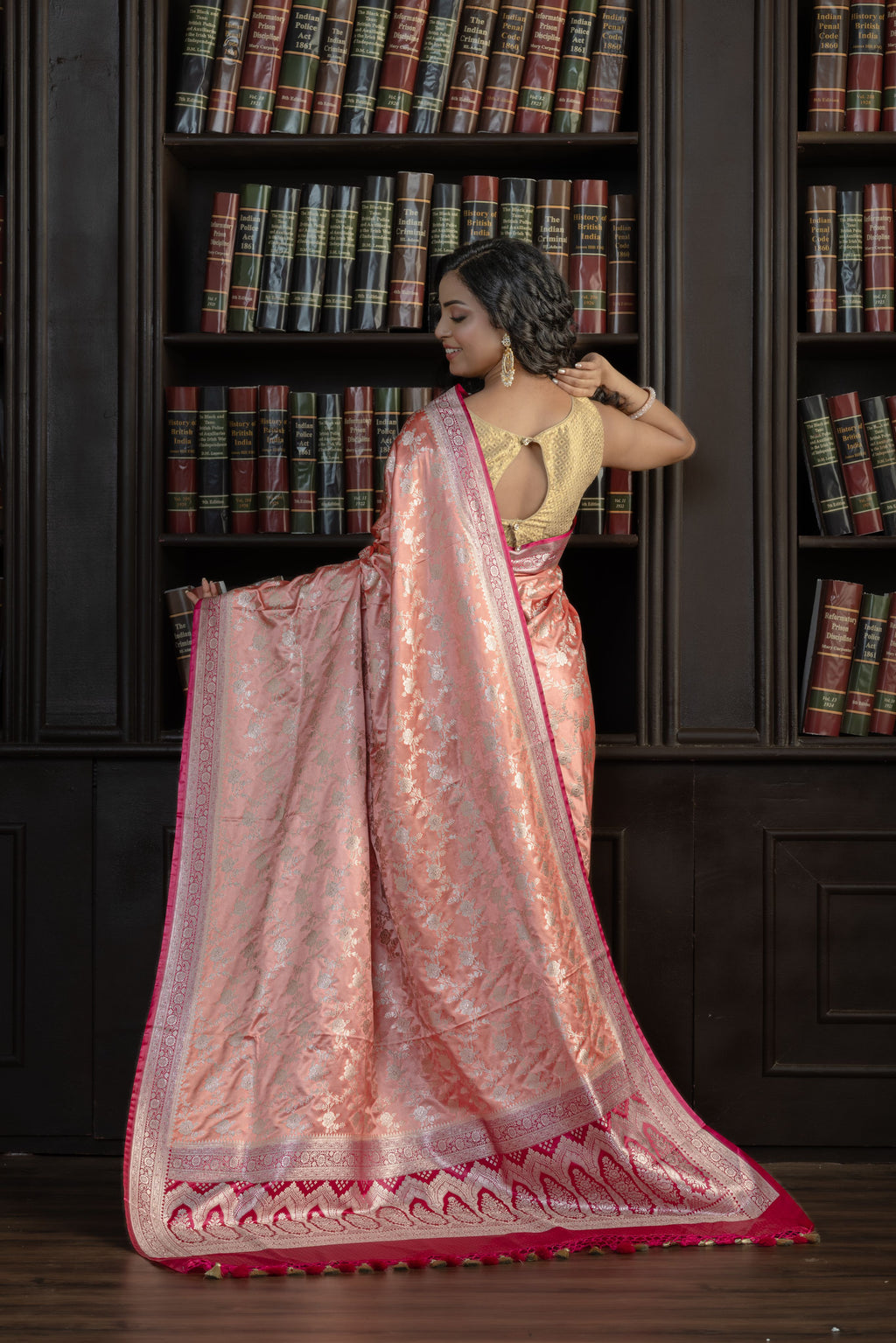 Dark Peach Mashru Katan Silk Leheriya Saree