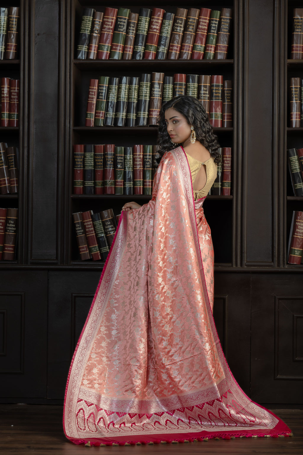 Dark Peach Mashru Katan Silk Leheriya Saree