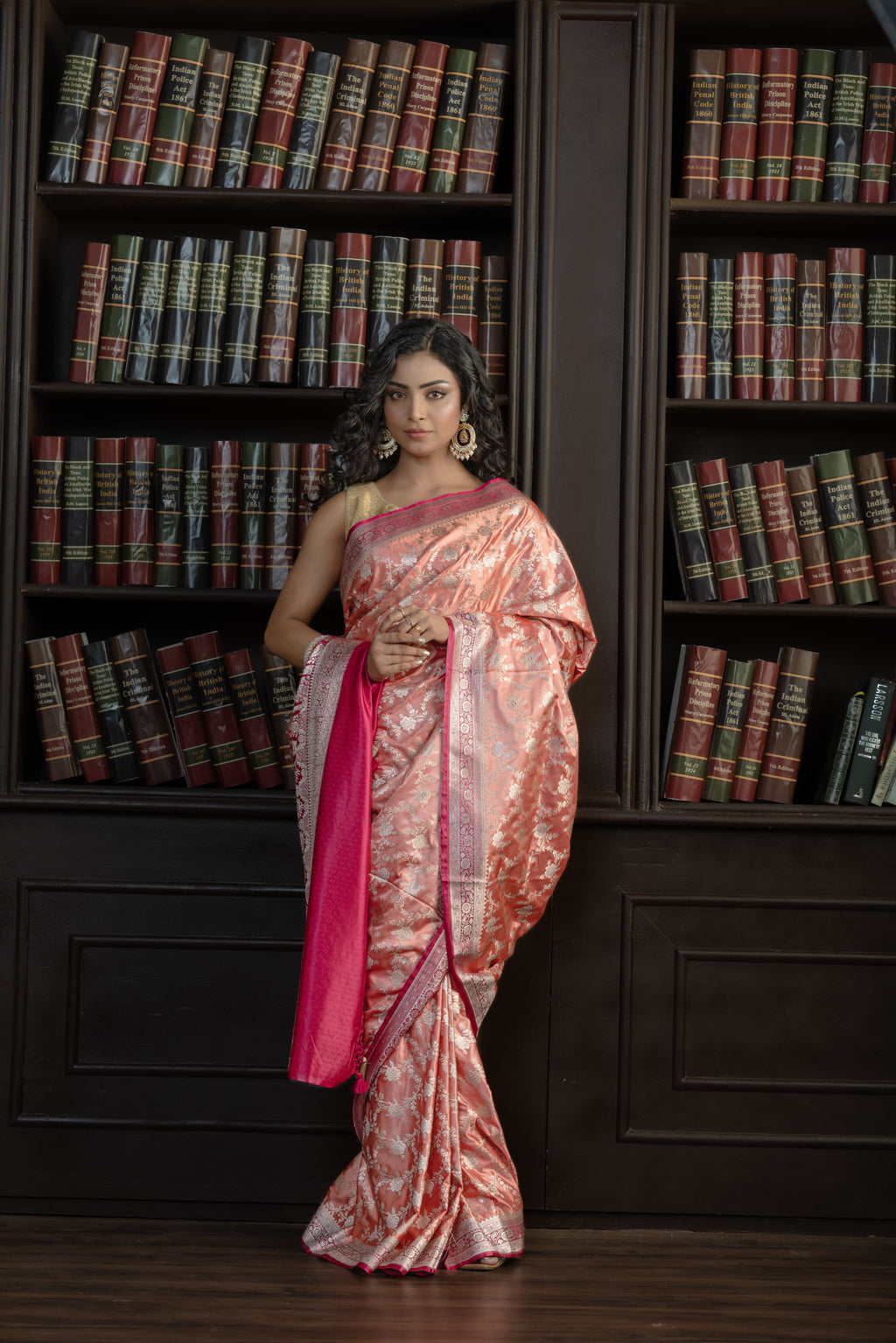 Dark Peach Mashru Katan Silk Leheriya Saree
