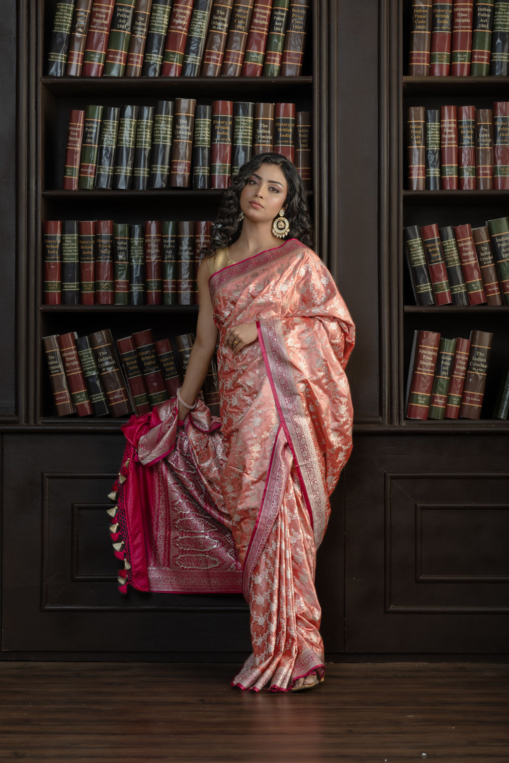 Dark Peach Mashru Katan Silk Leheriya Saree