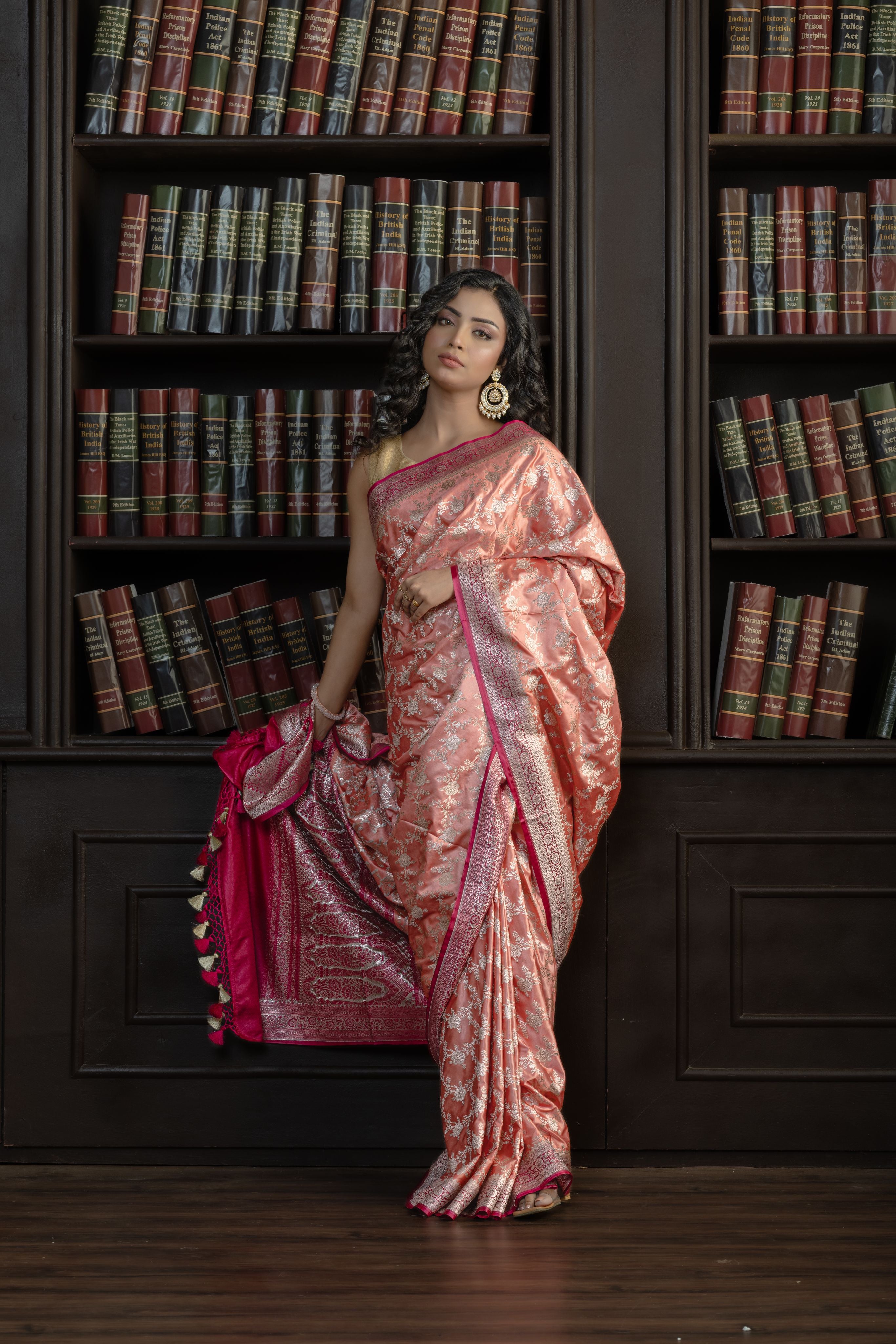 Dark Peach Mashru Katan Silk Leheriya Saree