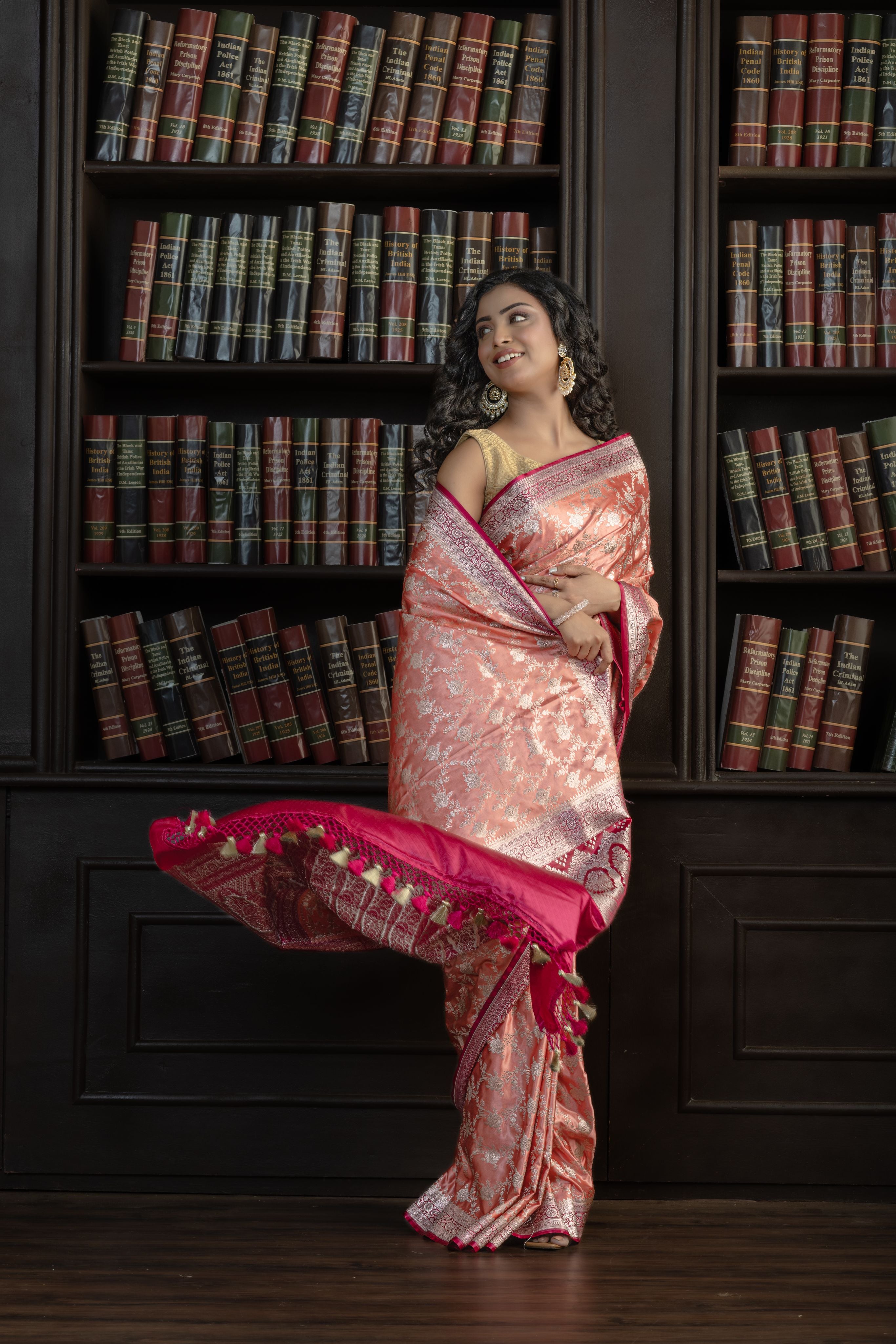 Dark Peach Mashru Katan Silk Leheriya Saree