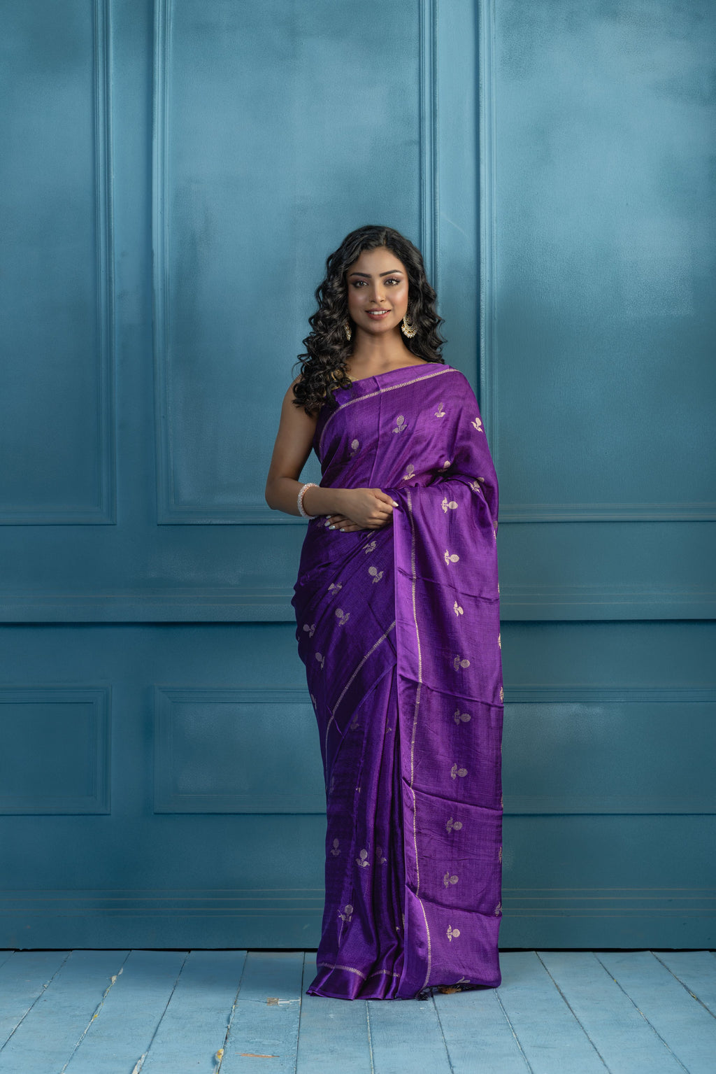 Bright Purple Viscose Georgette Banarasi SareE | Bright purple viscose georgette Banarasi saree for refined festive styling.