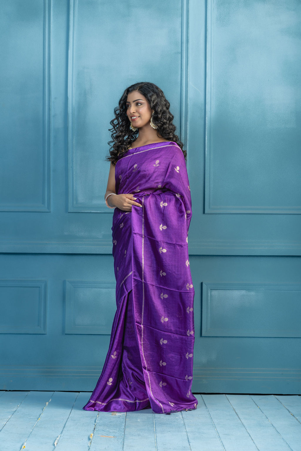 Bright Purple Viscose Georgette Banarasi SareE | Bright purple viscose georgette Banarasi saree for refined festive styling.