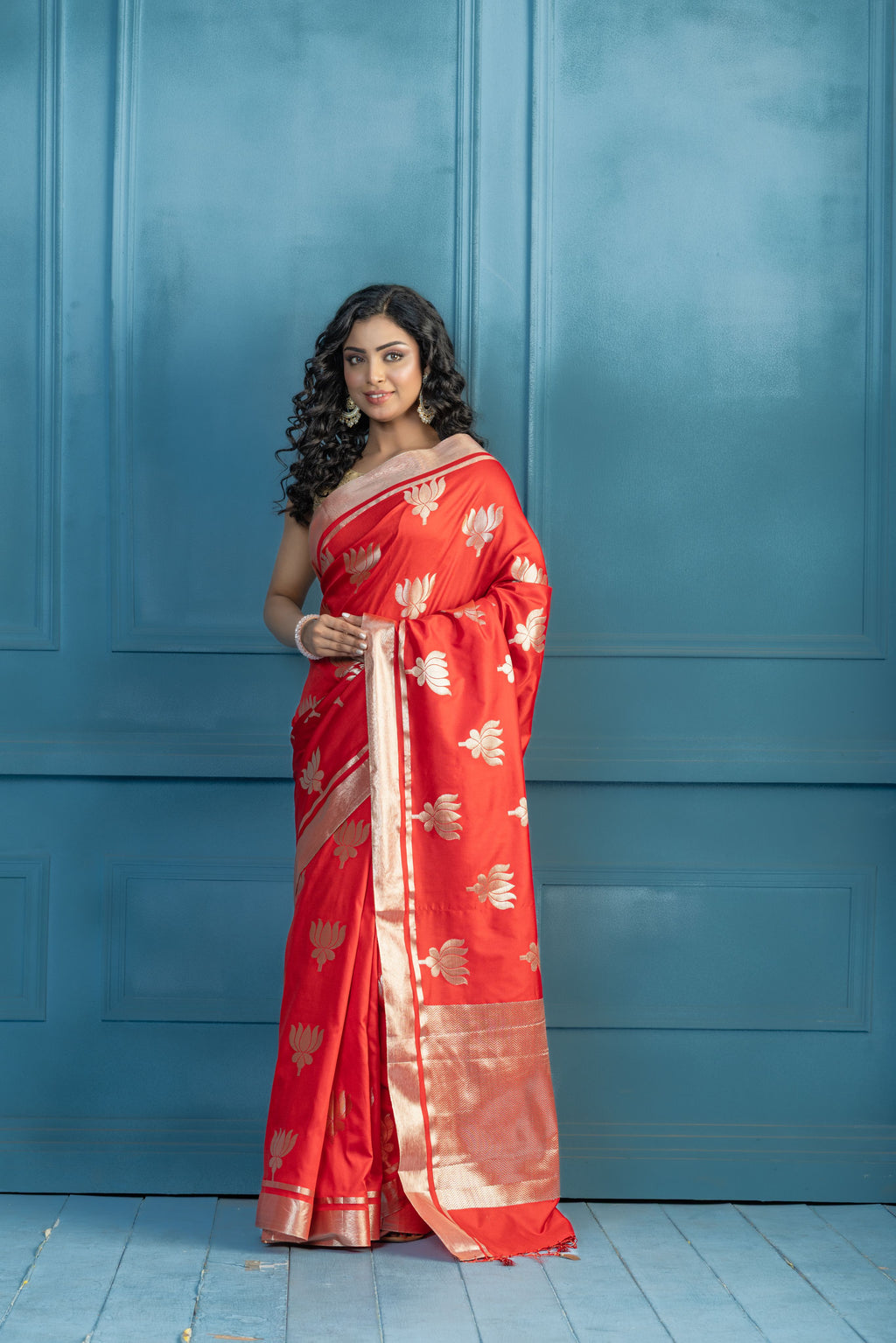 Bright Red Soft Silk Lotus Buta Banarasi Saree | Vibrant bright red soft silk Banarasi saree with lotus floral buta weaving.
