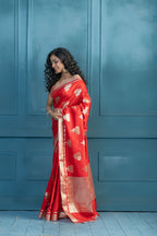 Bright Red Soft Silk Lotus Buta Banarasi Saree | Vibrant bright red soft silk Banarasi saree with lotus floral buta weaving.