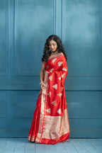 Bright Red Soft Silk Lotus Buta Banarasi Saree | Vibrant bright red soft silk Banarasi saree with lotus floral buta weaving.
